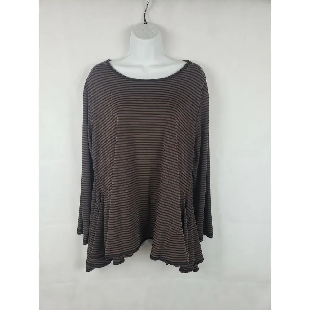 Sophia NYC Made in USA XL Stretch Top Black/Brown Stripes Lagenlook Ruffled